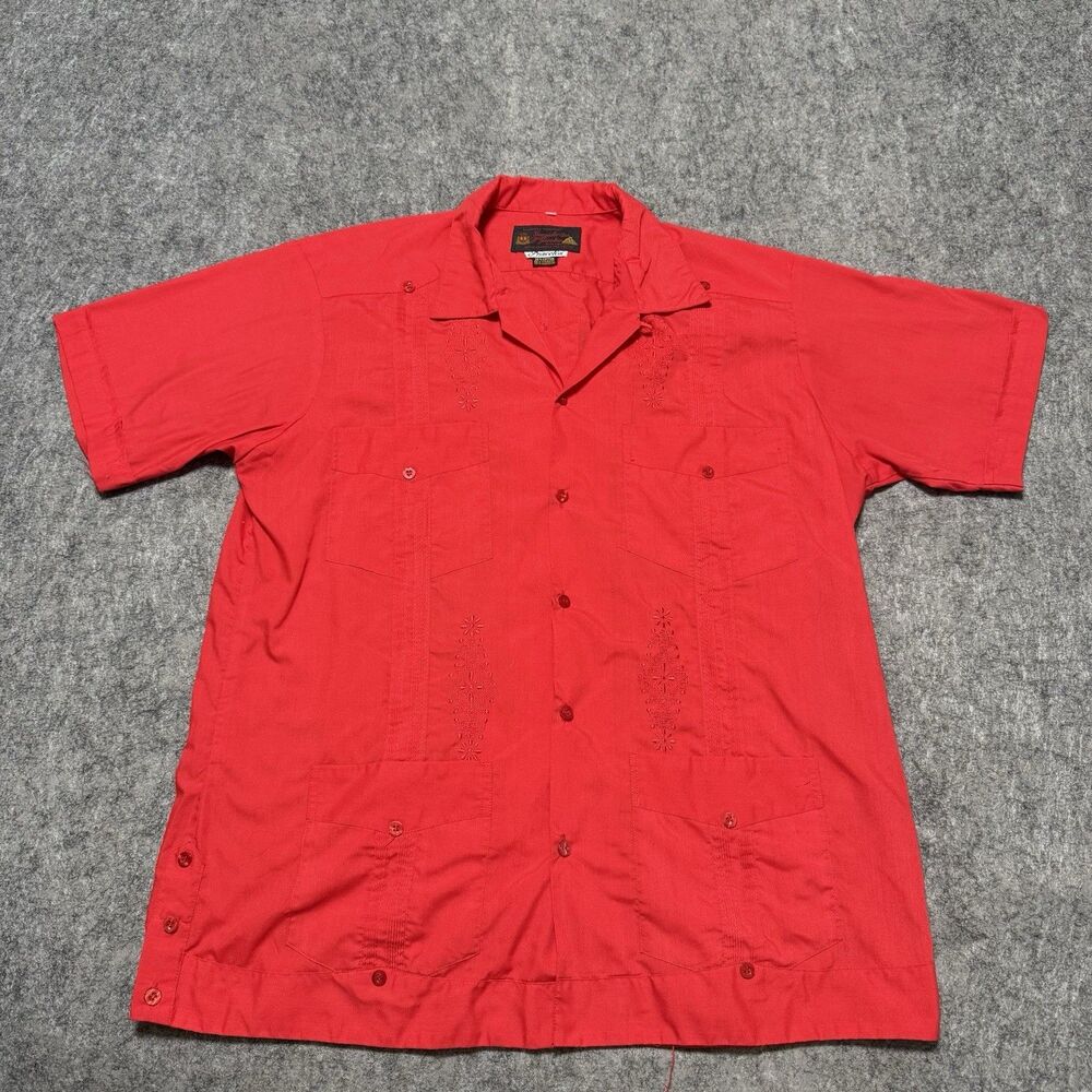 Vtg 70s Princeton Guayabera Shirt XL Red Mexican Embroidered 4 Pocket Cuban